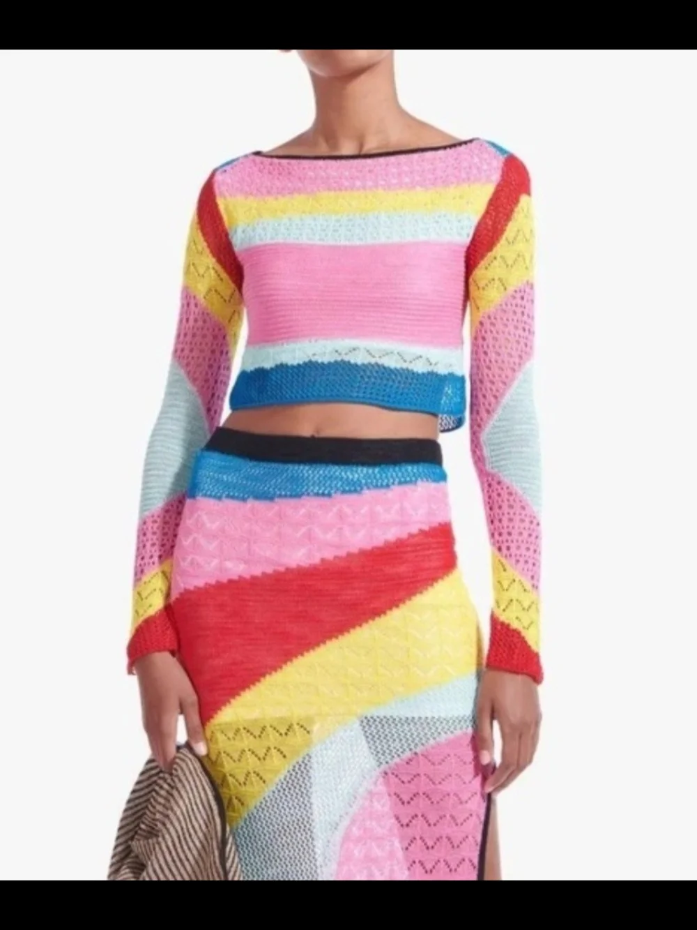 STAUD Multicolor Crochet Stripe Crop Top in Pink, Red, Yellow, Blue, Cream